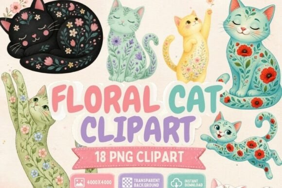 18 Cute Floral Cat Clipart PNG Designs