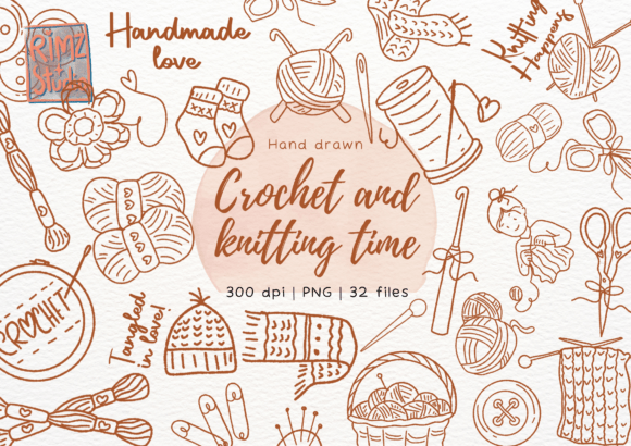 Crochet and Knitting Elements Hand Drawn