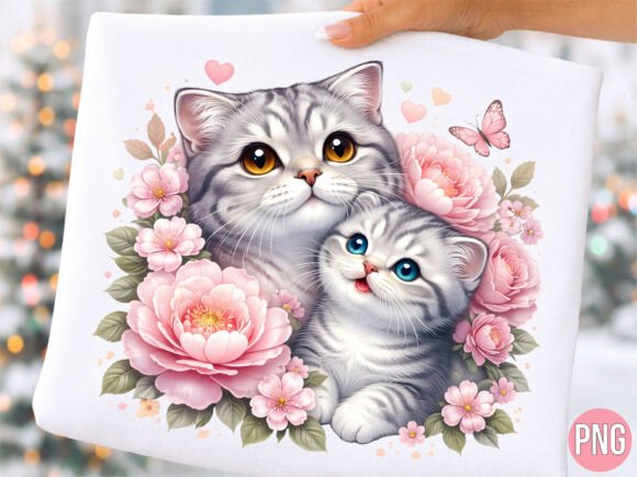 Mother and Baby Cat Pink Floral PNG: A Delicate Digital Asset for Creative Projects