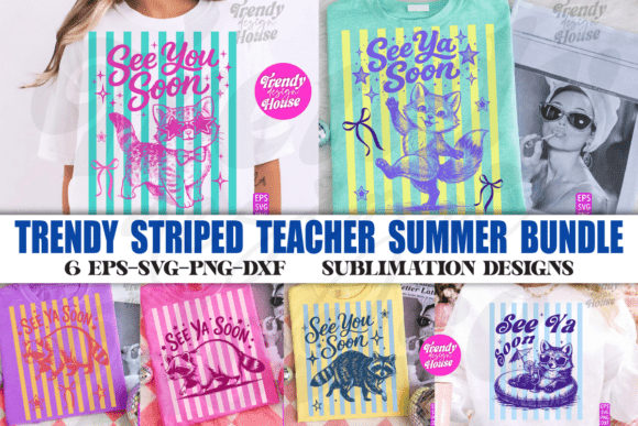 Trendy Striped Teacher Summer PNG Bundle