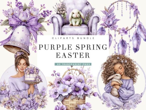 Watercolor Purple Spring Easter Clipart Bundle